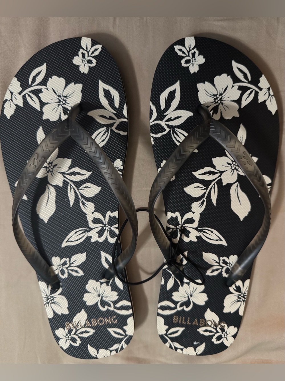 Billabong Black Flip Flops with White Floral Print
